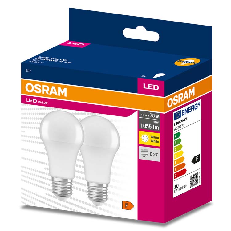 Lampe LED Osram - E27 - Blanche - Ø6x10,9cm - 1x10W - 1055lm - 3000K - 2 pièces Lampe LED Osram - E27 - Blanche - Ø6x10,9cm - 1x10W - 1055lm - 3000K - 2 pièces