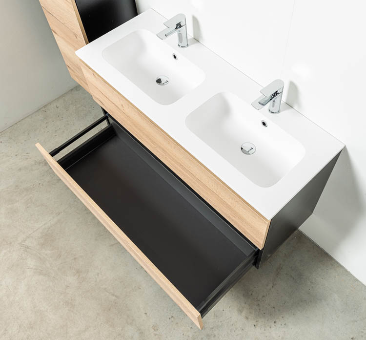 Badkamermeubel Dotan zwart/eik 1200 mm 2 wastafels porselein glans