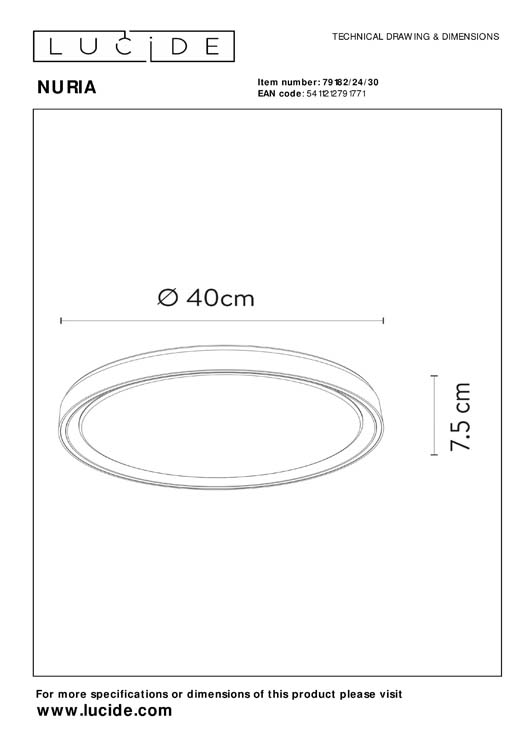 Lucide NURIA - Plafonnier - Ø 40 cm - LED Dim. - 1x24W 2700K - 3 StepDim - Noir