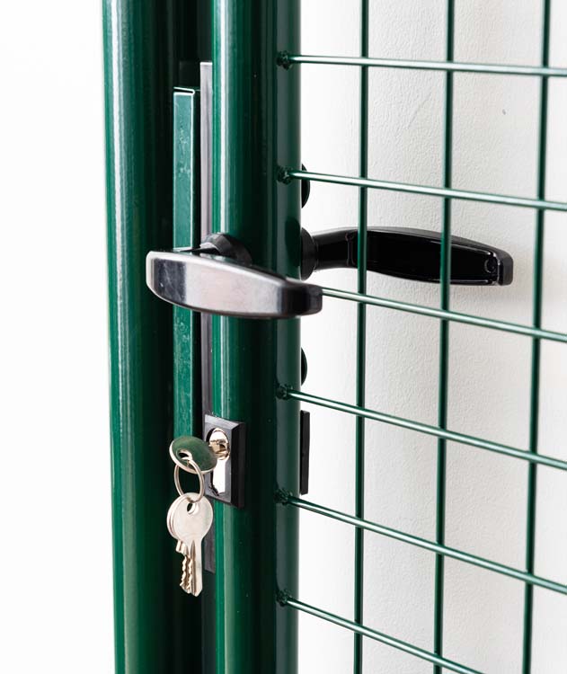 Complete enkele tuinpoort groen 150x125cm - ronde palen, inclusief palen, slot en kruk