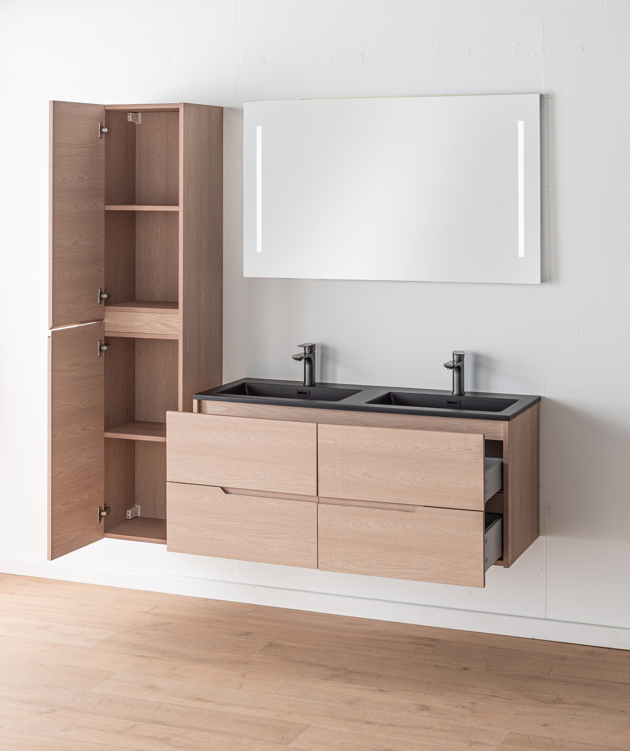 Meuble de salle de bains Tarik chêne Nordic suspendu avec double vasque noir mat 120cm