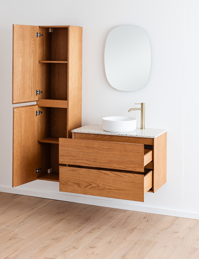 Badkamermeubel Fior eik hangend met enkel topblad terrazzo 90cm