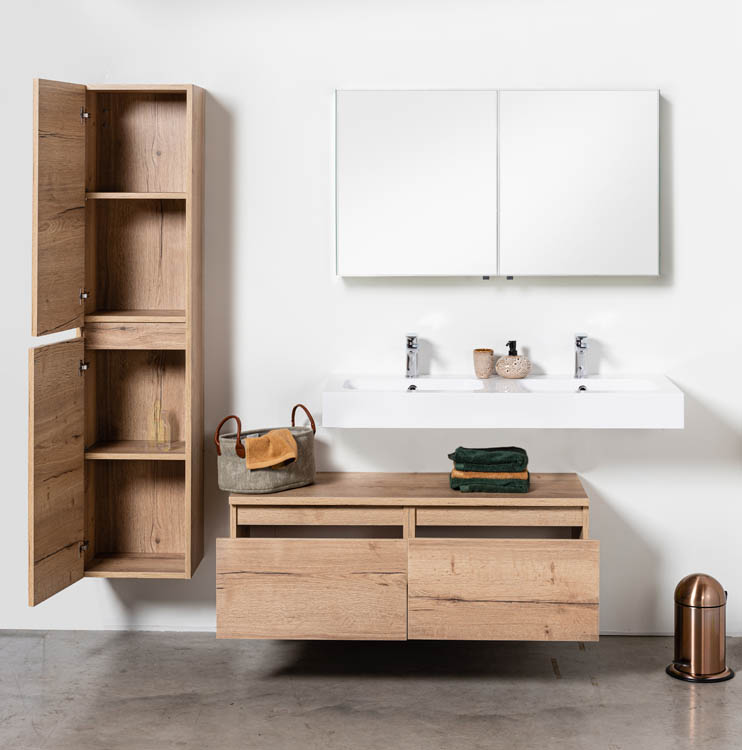 Meuble de salle de bains Domino aspect chêne suspendu avec lavabo double suspendu blanc brillant 120cm