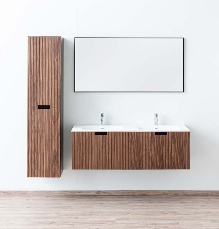 Meuble de salle de bains Willow noyer suspendu avec lavabo double blanc mat 140cm
