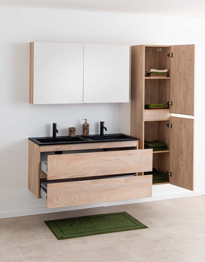 Meuble de salle de bain Tibo en chêne méditerranéen avec double lavabo noir mat 120cm