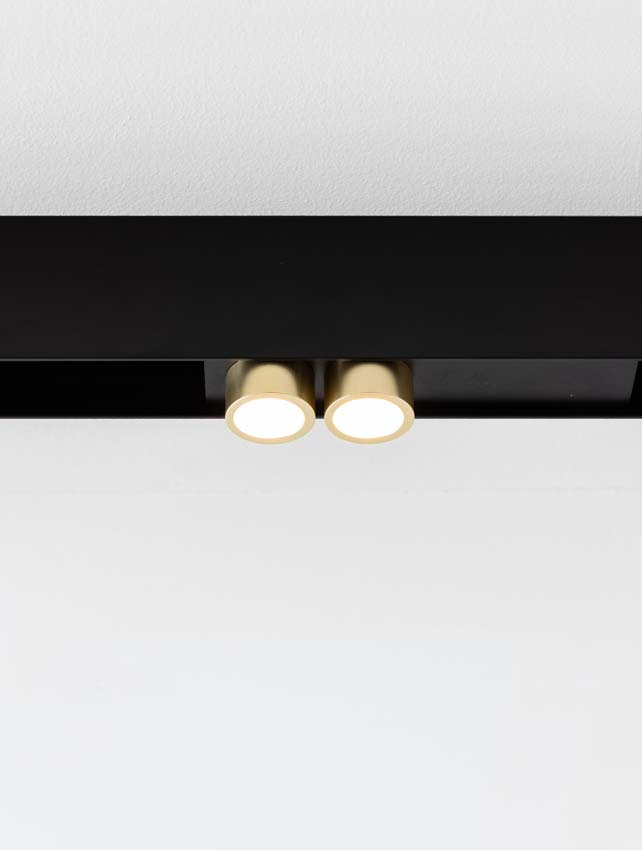 Rail lumineux Béa noir -  1,8m/2x1,2m - 3 lustres / 2 spots / 2 anneaux dorés / 1 module - 6x4W