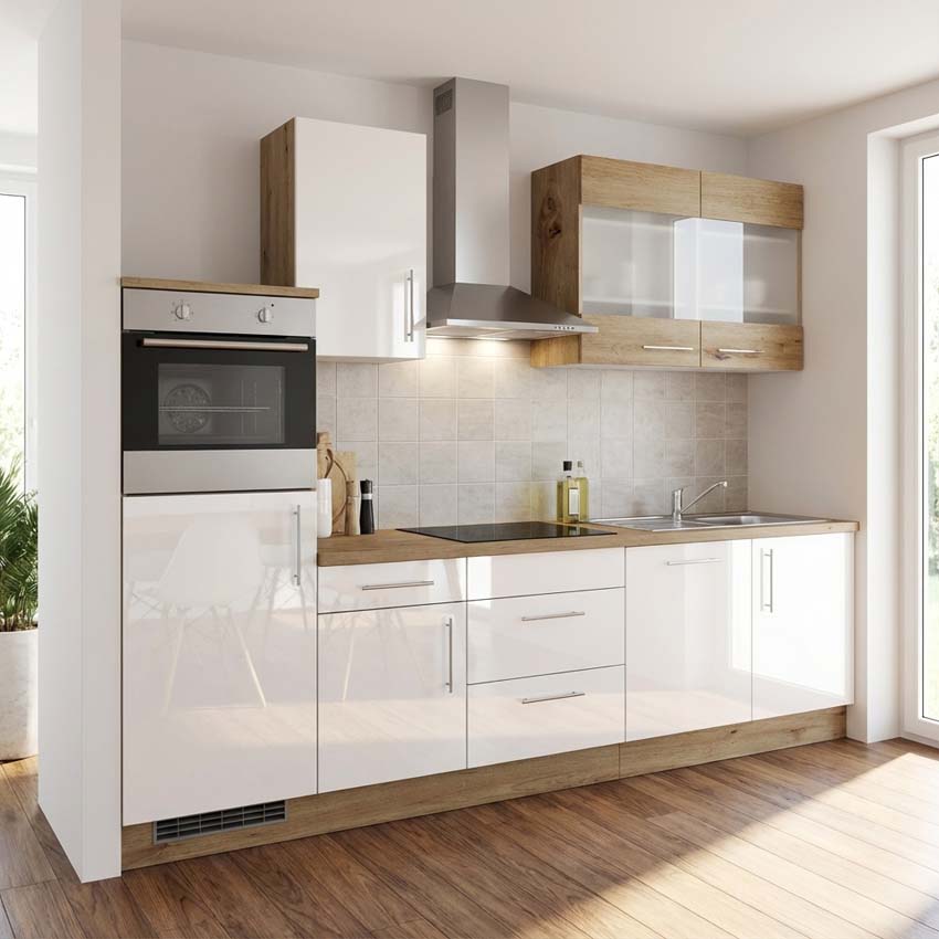 Cuisine Maren blanche/aspect bois 280cm - sans appareils