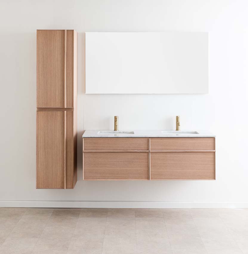 Meuble de salle de bains Felix chêne suspendu avec lavabo double effet marbre carrara 140cm