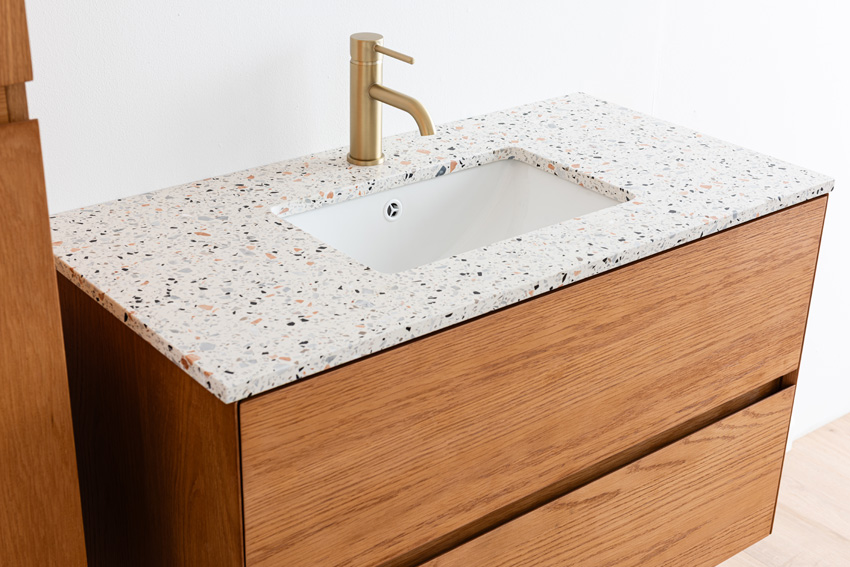 Badkamermeubel Fior eik hangend met enkele wastafel terrazzo 90cm