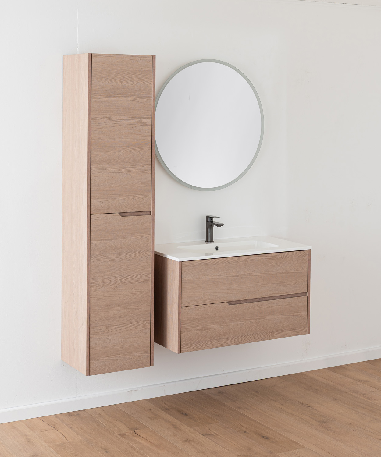 Meuble de salle de bains Tiago chêne Nordic suspendu avec vasque simple blanc mat 90cm