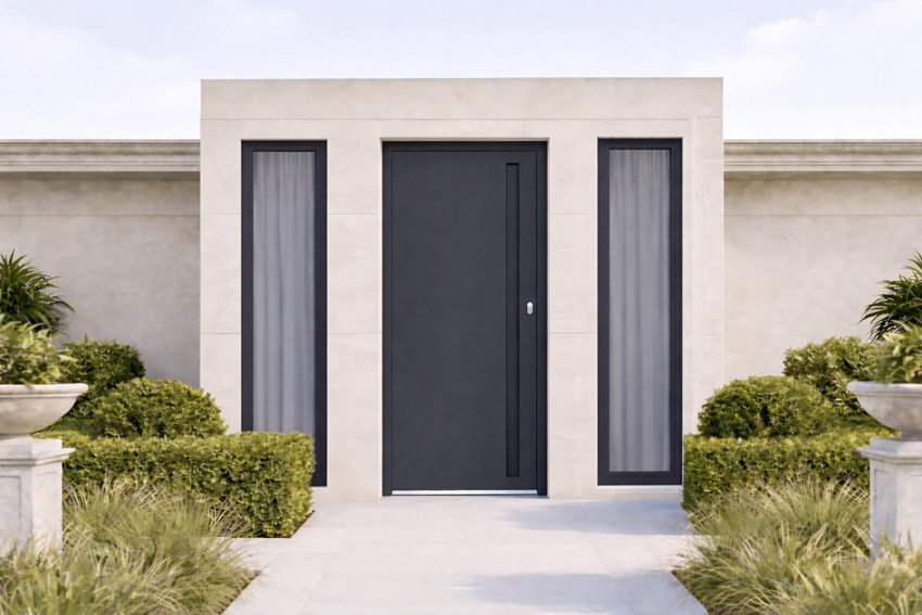 Porte extérieure Evora avec poignée intégrée aluminium anthracite poussant à gauche sur mesure