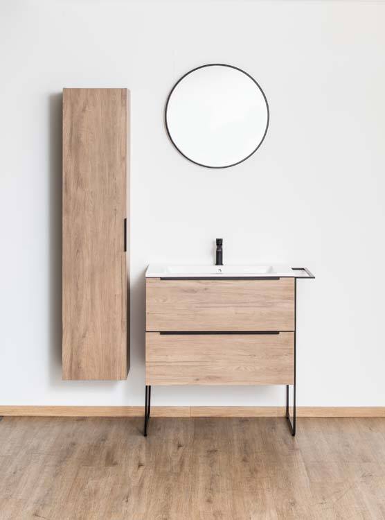 Badkamermeubel Mist houtlook staand met enkele wastafel glanzend wit 80cm