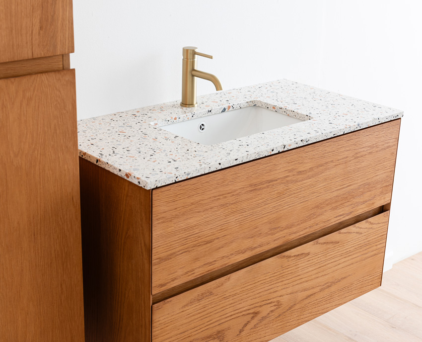 Badkamermeubel Fior eik hangend met enkele wastafel terrazzo 90cm