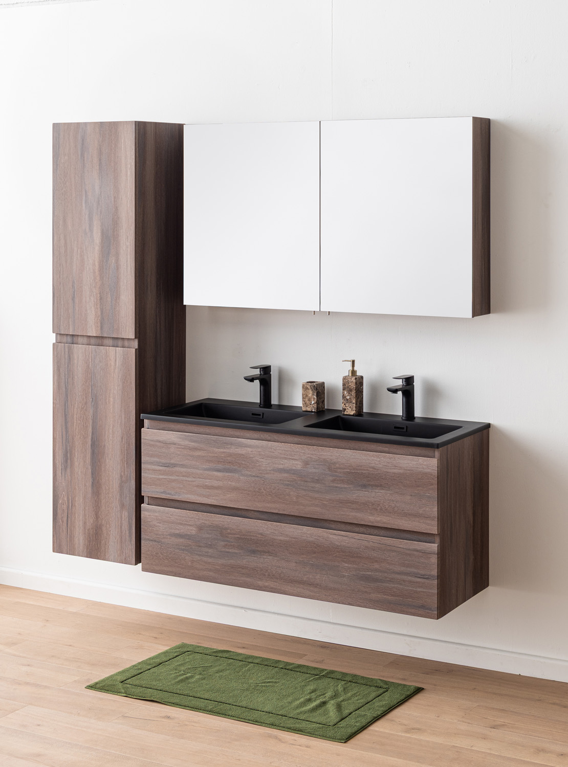 Meuble de salle de bains Tarik chêne ambré suspendu avec double vasque noir mat 120cm