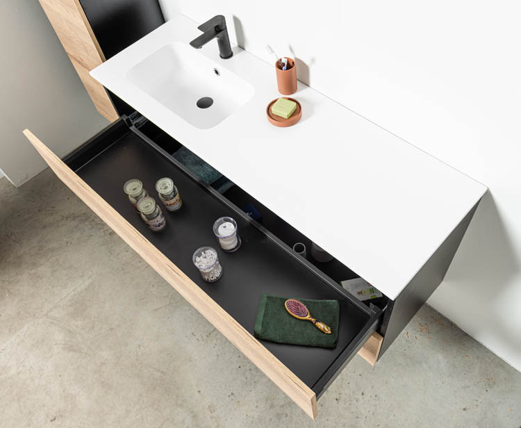 Meuble de salle de bains Dotan chêne suspendu avec lavabo simple à gauche blanc brillant 140cm