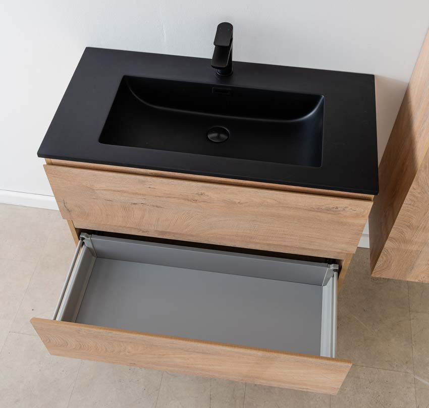 Meuble de salle de bain Tibo en chêne méditerranéen avec lavabo simple blanc noir 90cm