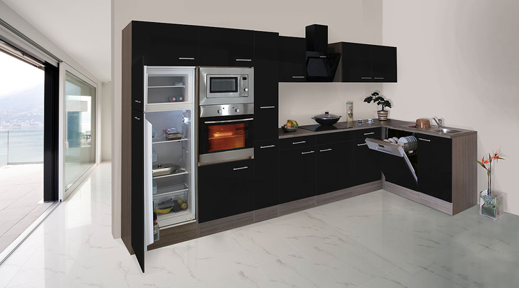 Cuisine d'angle noir/chêne foncé 370x172cm - plaque de cuisson vitrocéramique et hotte murale noire - avec appareils