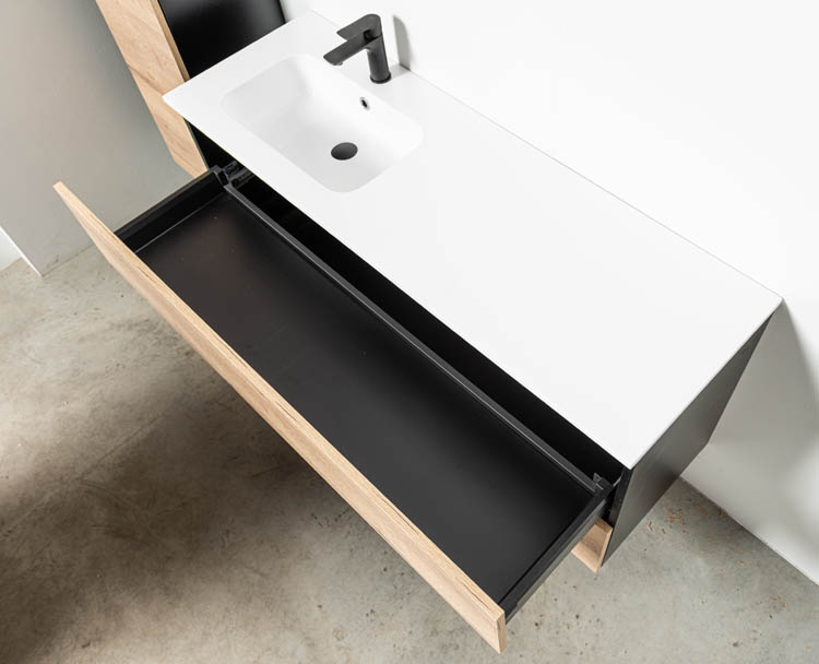 Badkamermeubel Dotan eik hangend met enkele wastafel links mat wit 140cm