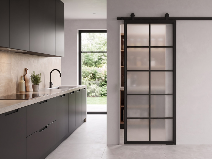 Porte coulissante simple en acier complète Tyra veere mat 10R 93x213,4cm noir + rail noir
