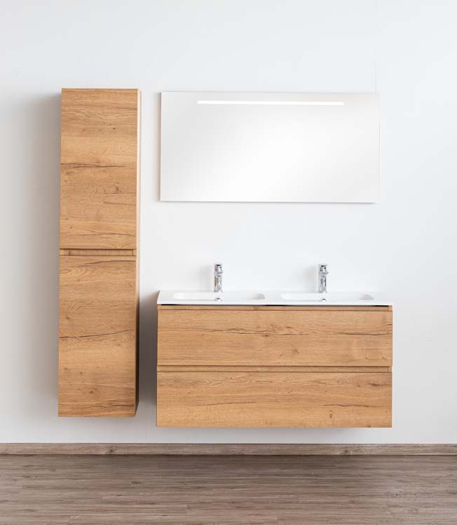 Meuble de salle de bains Daria chêne brun doré suspendu avec lavabo double blanc brillant 120cm