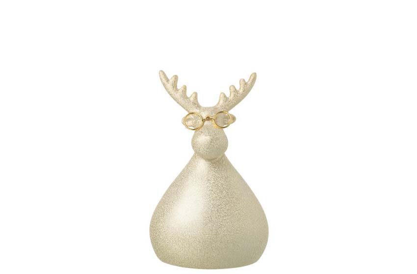 Beeld rendier met bril porselein goud 10,5x8,5x17cm