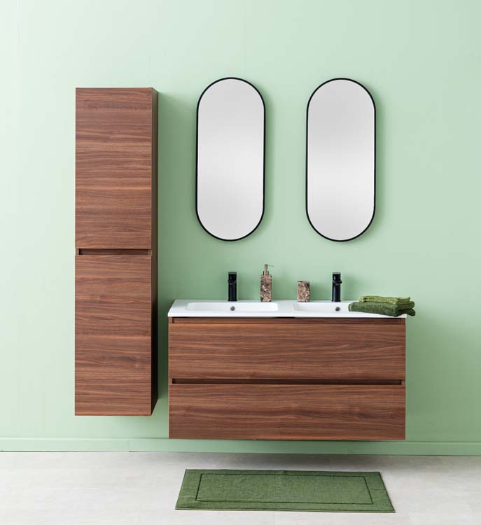 Meuble de salle de bains Dotan noyer suspendu avec lavabo double blanc brillant 120cm