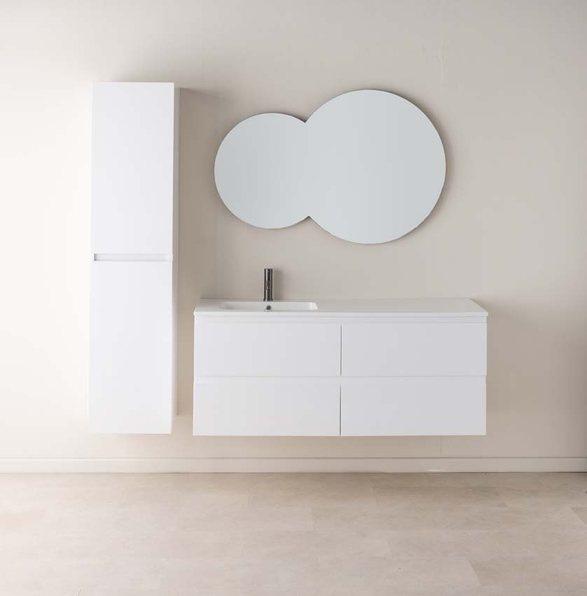 Meuble de salle de bains Tibo blanc suspendu avec lavabo simple à gauche blanc brillant 140cm