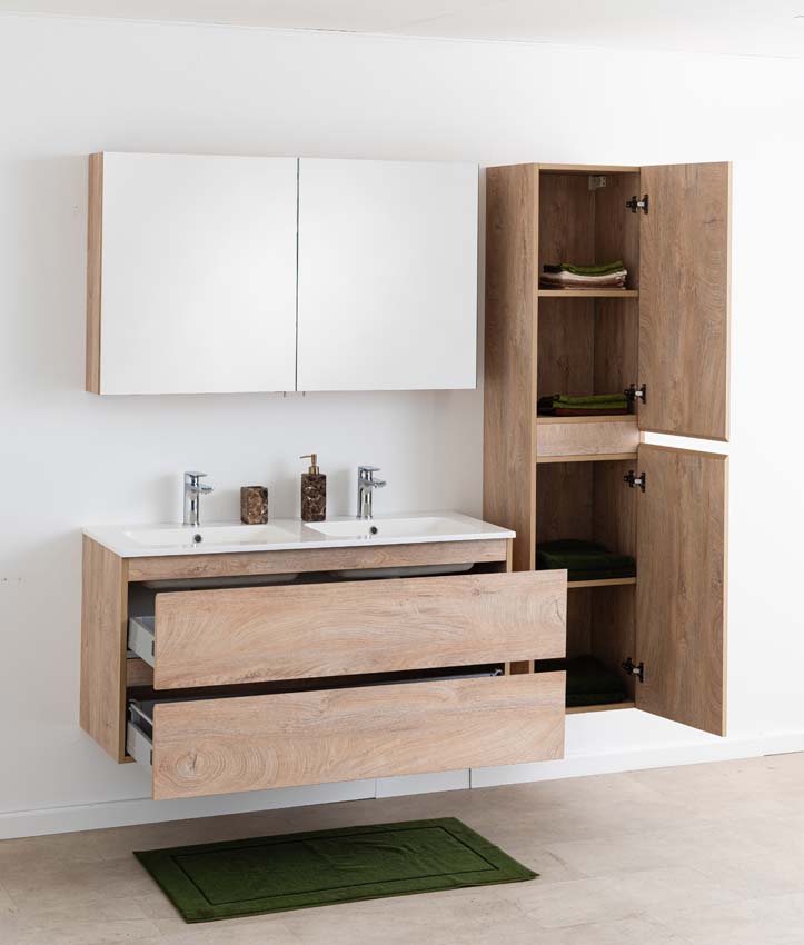 Meuble de salle de bain Tibo en chêne méditerranéen avec double lavabo blanc brillant 120cm