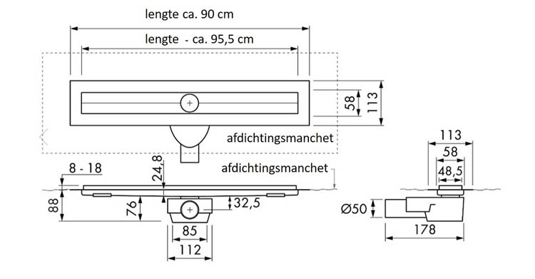 Douchegoot inox grijs 90cm