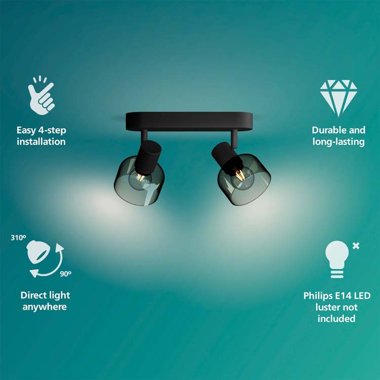 Opbouwspot - glas kort - dimbaar - E14 - 2x25W - excl lamp - zwart