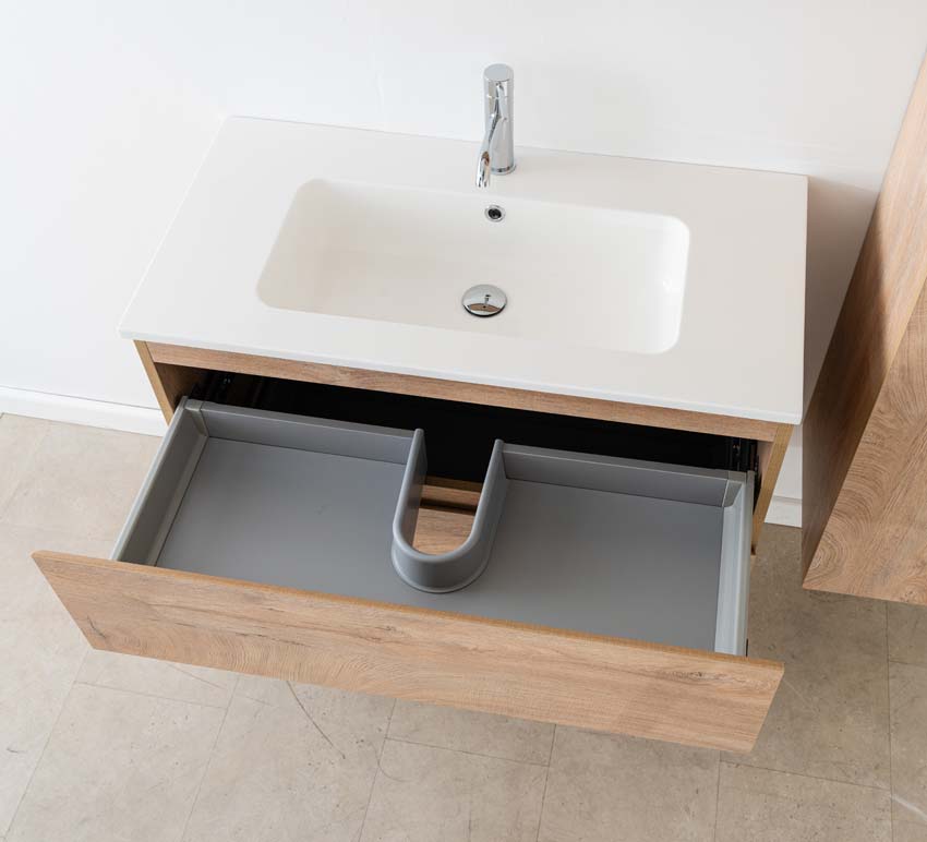 Meuble de salle de bain Tibo en chêne méditerranéen avec lavabo simple blanc brillant 90cm