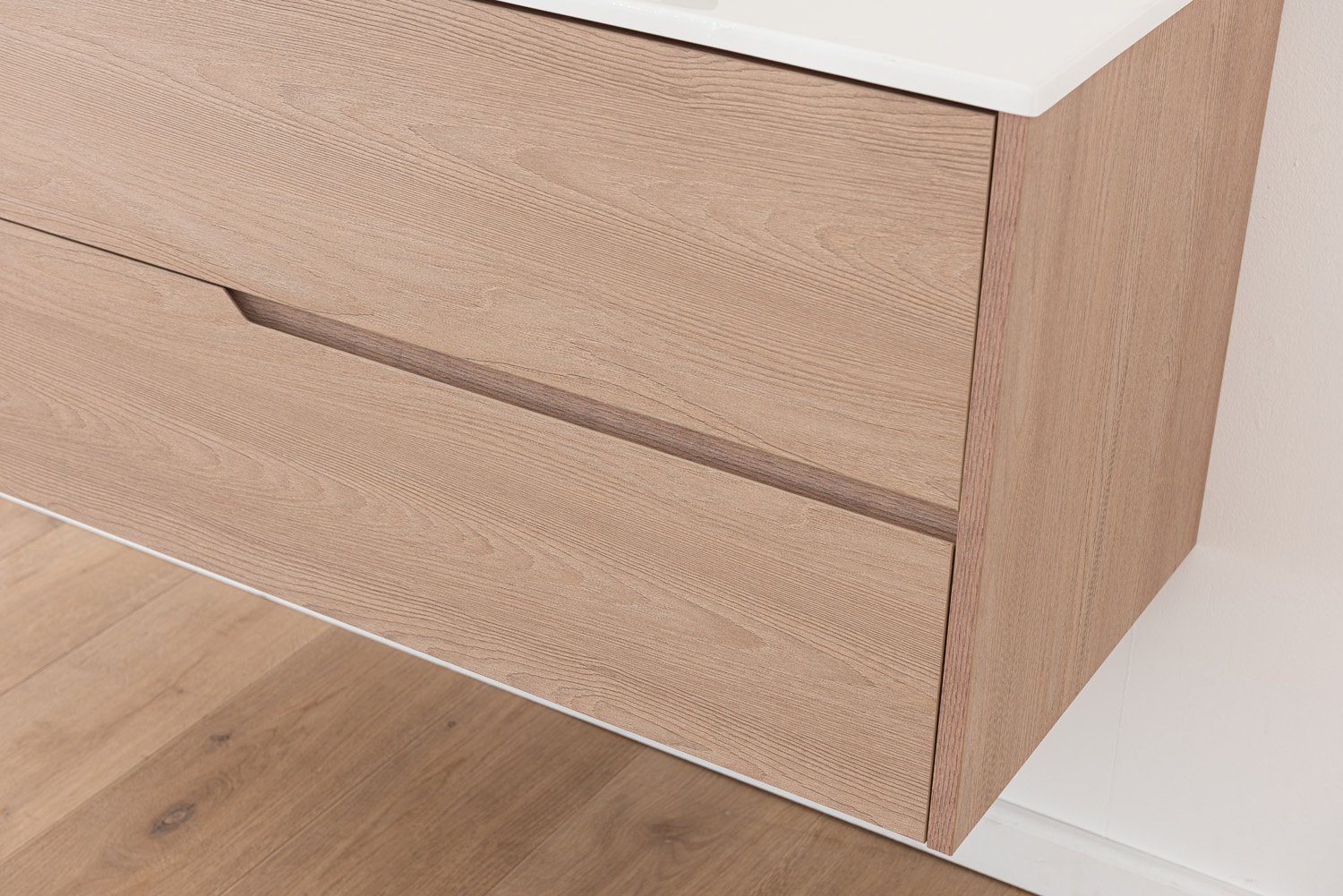 Meuble de salle de bains Tiago chêne Nordic suspendu avec vasque simple blanc mat 90cm