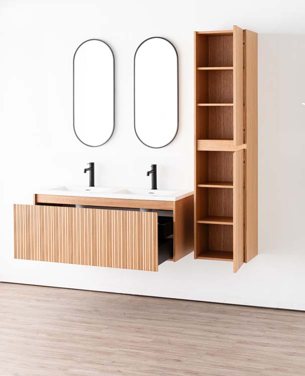Meuble de salle de bains Warren afromosia suspendu avec lavabo double blanc mat 120cm