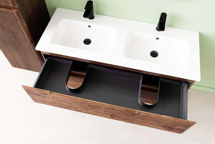 Meuble de salle de bains Jelte noyer suspendu avec lavabo double blanc mat 120cm Meuble de salle de bains Jelte noyer suspendu avec lavabo double blanc mat 120cm