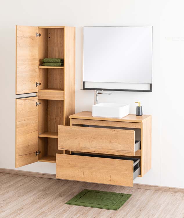 Meuble de salle de bain Daria chêne brun doré 900 mm tablette en saillie melamine
