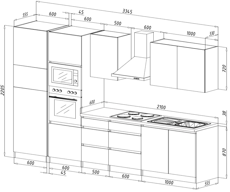 Cuisine blanche/chêne 335 cm - plaque de cuisson vitrocéramique et hotte murale blanche - avec appareils
