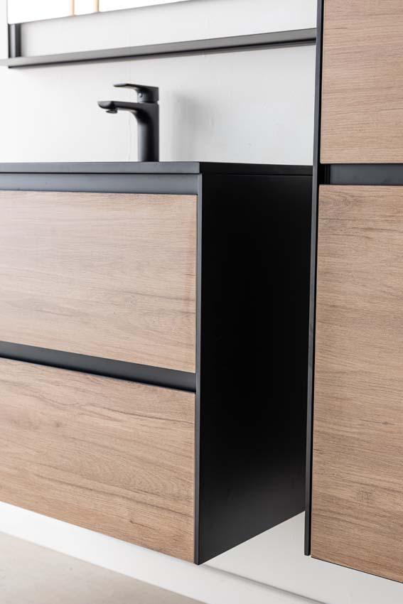 Meuble de salle de bain Molly aspect bois suspendu avec lavabo simple noir mat 90cm Meuble de salle de bain Molly aspect bois suspendu avec lavabo simple noir mat 90cm