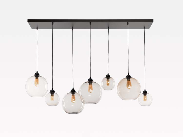 Hanglamp zwart 7xE27 glas topaas - 3xD18cm + 4xD29cm