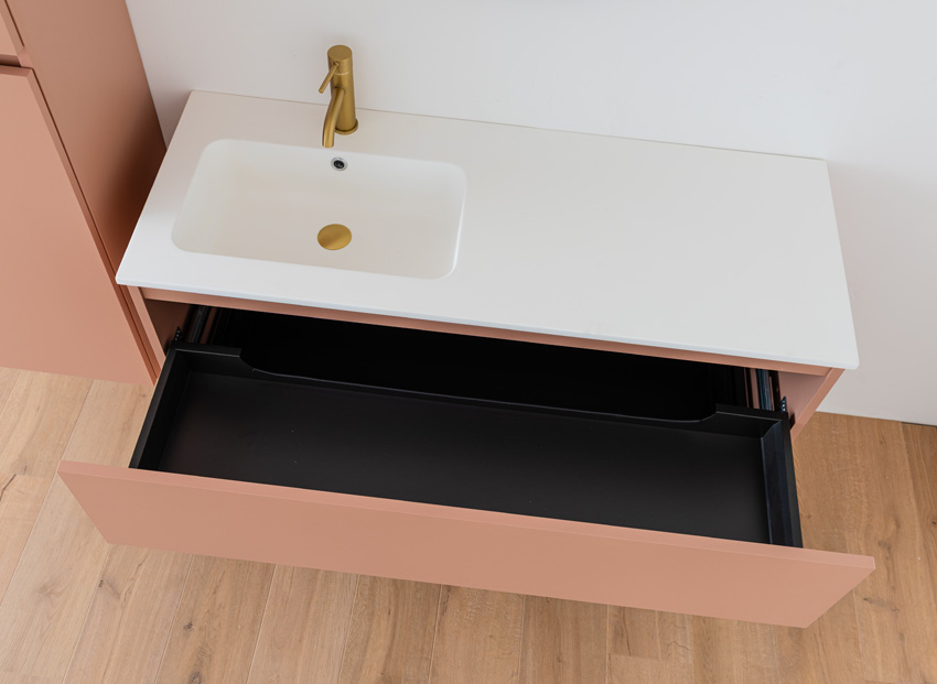 Meuble de salle de bains Dotan abricot suspendu avec lavabo simple gauche blanc mat 120cm