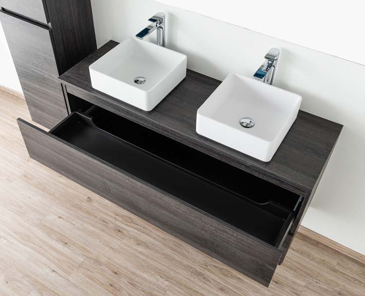 Meuble de salle de bains Dotan chêne foncé suspendu avec plateau en mélamine 140cm
