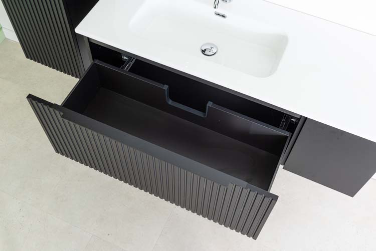 Meuble de salle de bains Sunday noir mat suspendu avec lavabo simple blanc brillant 120cm