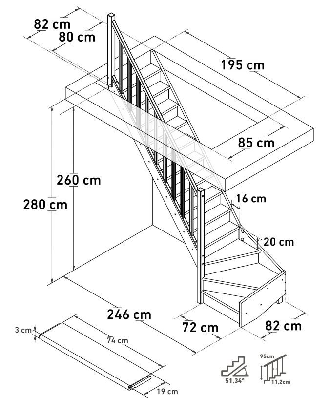 Escalier fermé chêne Hamburg avec quart tournant bas gauche avec rampe