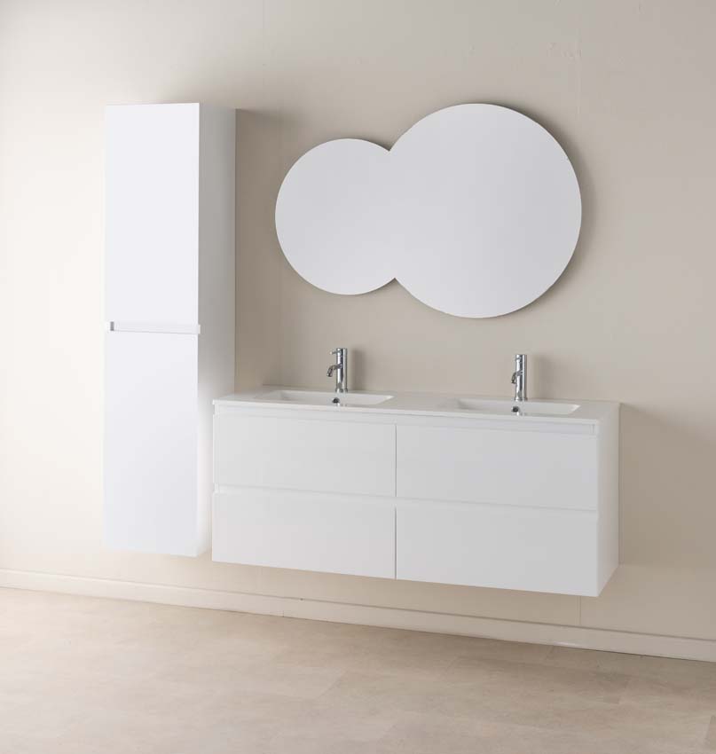 Meuble de salle de bains Tibo blanc suspendu avec lavabo double blanc brillant 140cm