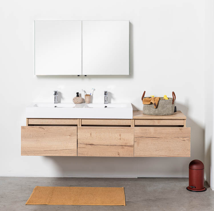 Meuble salle de bain aspect chêne Domino 1800 mm lavabo brillant