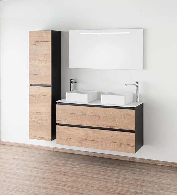Meuble de salle de bain Dotan noir/chêne 1200 mm tablette en saillie mat Meuble de salle de bain Dotan noir/chêne 1200 mm tablette en saillie mat