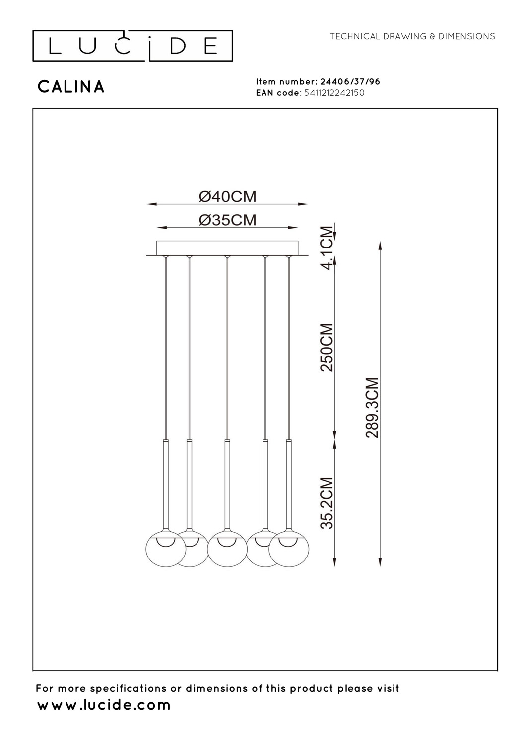 Lucide Premium Calina - Hanglamp - Ø41,9cm - LED Dimb. - CCT - 5X8,2W 2200K/3300K - Met vervangbare LED-module - Amber