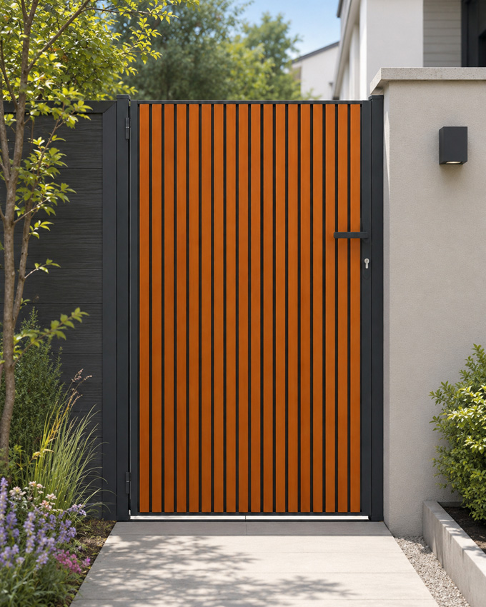 Portillon battant Line Up aluminium aspect bois 100x175cm - fermé avec lames verticales, ouverture à droite, quincaillerie incluse