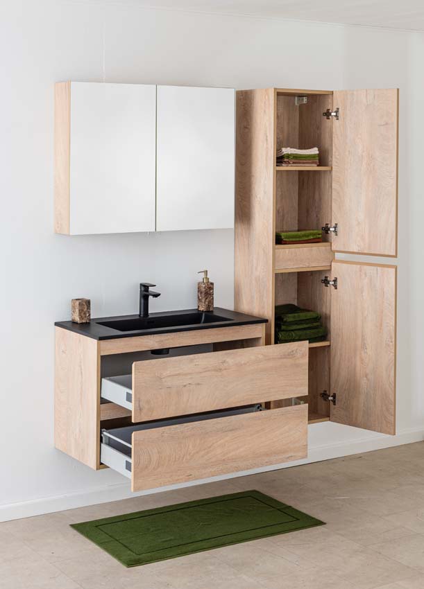 Meuble de salle de bain Tibo en chêne méditerranéen avec lavabo simple blanc noir 90cm