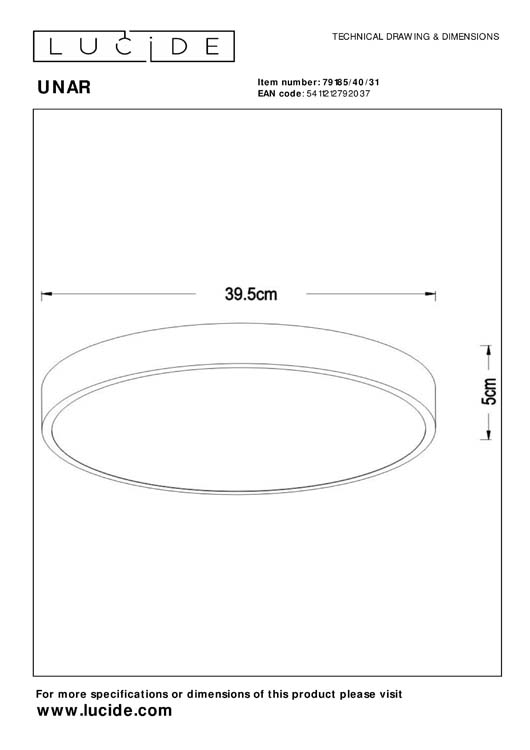 Lucide UNAR - Plafonnière - Ø 39,5 cm - LED Dimb. - 1x24W 2700K - 3 StepDim - Wit