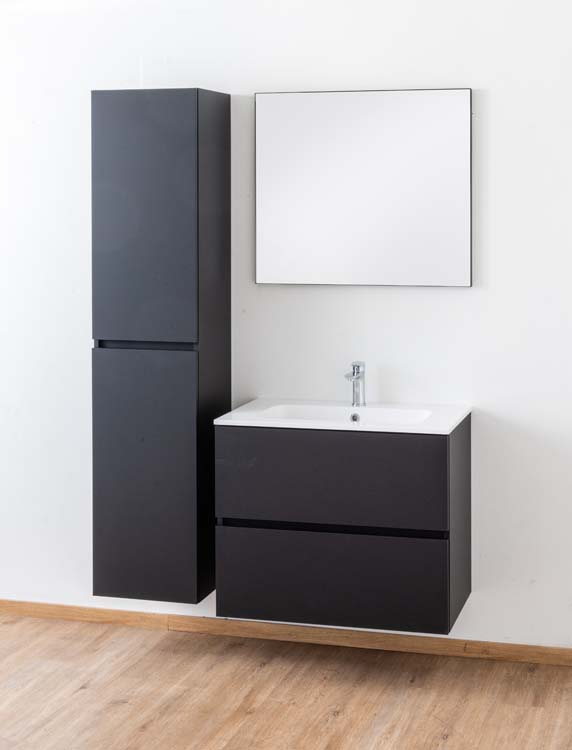Badkamermeubel Puro mat zwart hangend met enkele wastafel glanzend wit 80cm